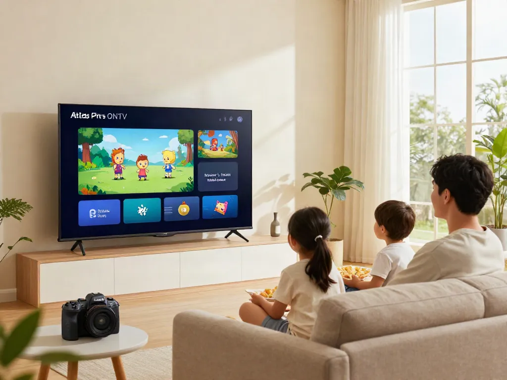 Famille utilisant l'application Atlas Pro ONTV pour un divertissement familial à la maison.