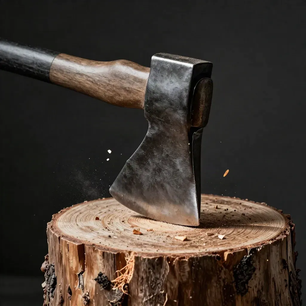 Hache de fendage ancrée dans une bûche de chêne fendue, copeaux et poussière de bois sur fond charbon.
