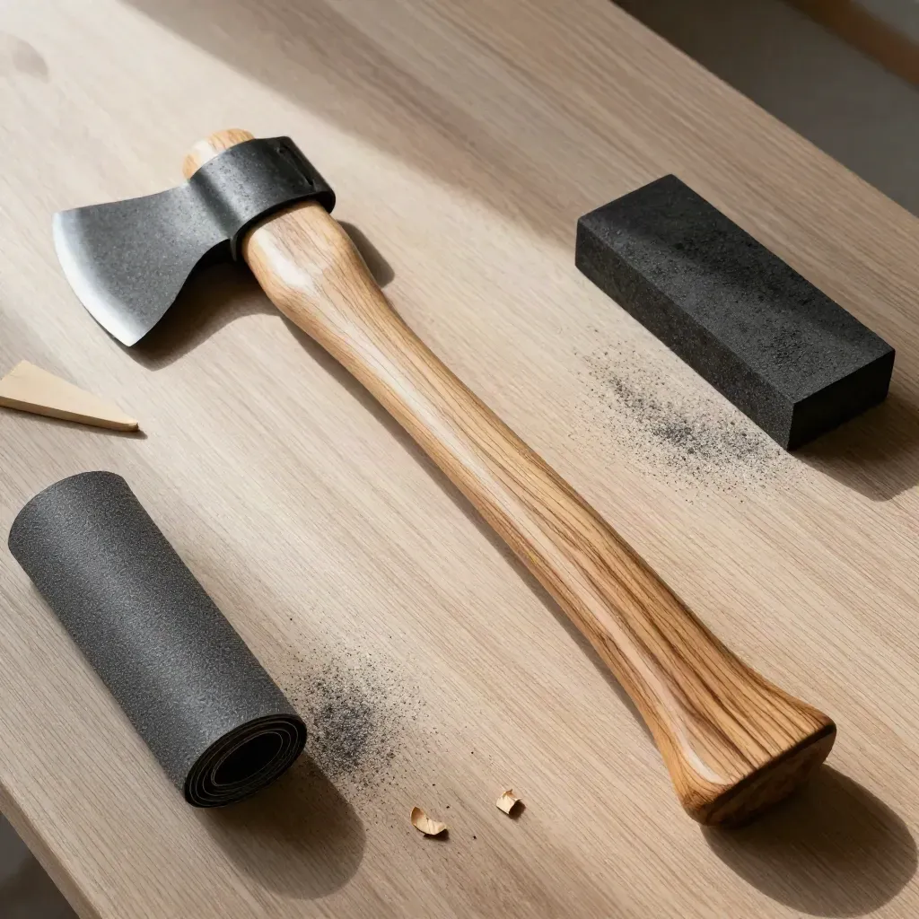 Vue zénithale d’un manche de hickory poncé avec copeaux, cale de bois et papier abrasif roulé