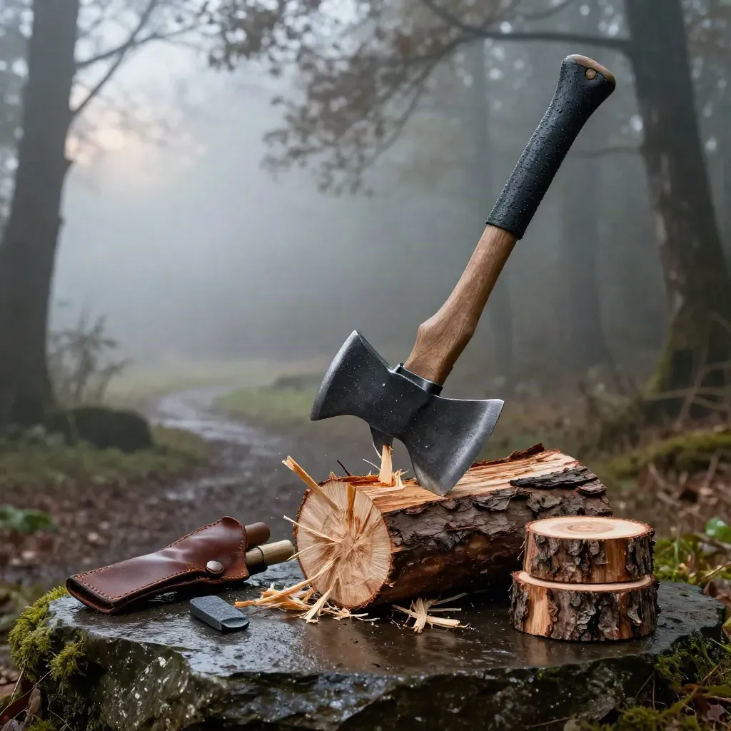 Hache de fendage 2 kg, fourreau cuir, pierre à aiguiser et bûches de chêne dans la brume.