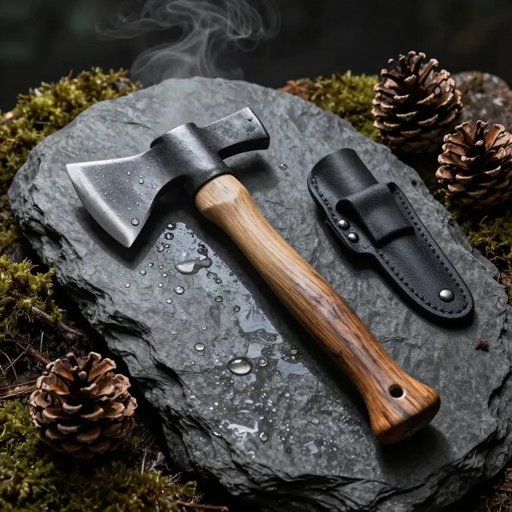 Hachette de camping sur ardoise mouillée, mousse forestière, cônes de pin et vapeur légère.