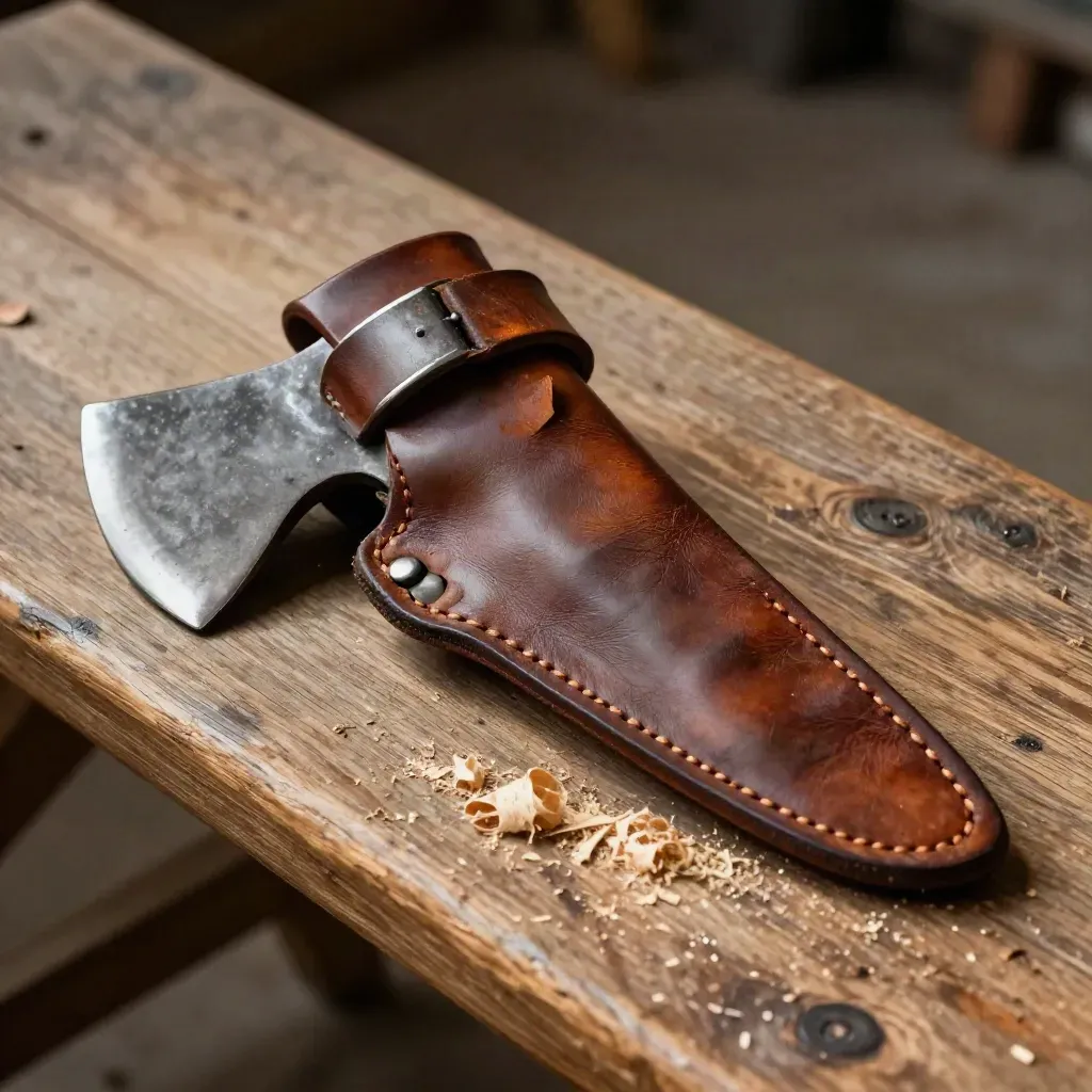 Fourreau cuir brun sur établi en chêne, avec boucle métal et copeaux de bois.
