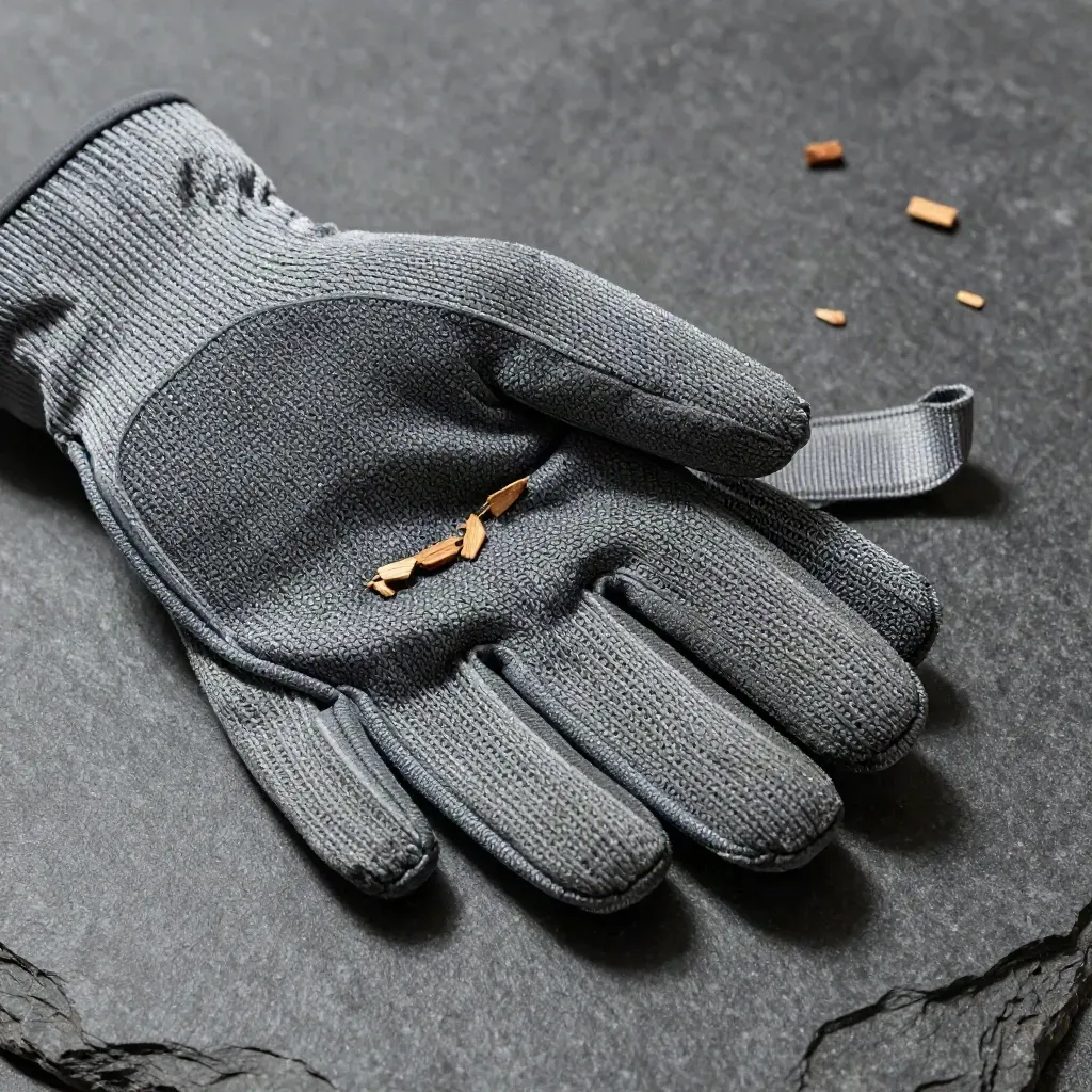 Paire de gants anti-coupure gris sur pierre mate, avec éclats de bois et sangle textile.