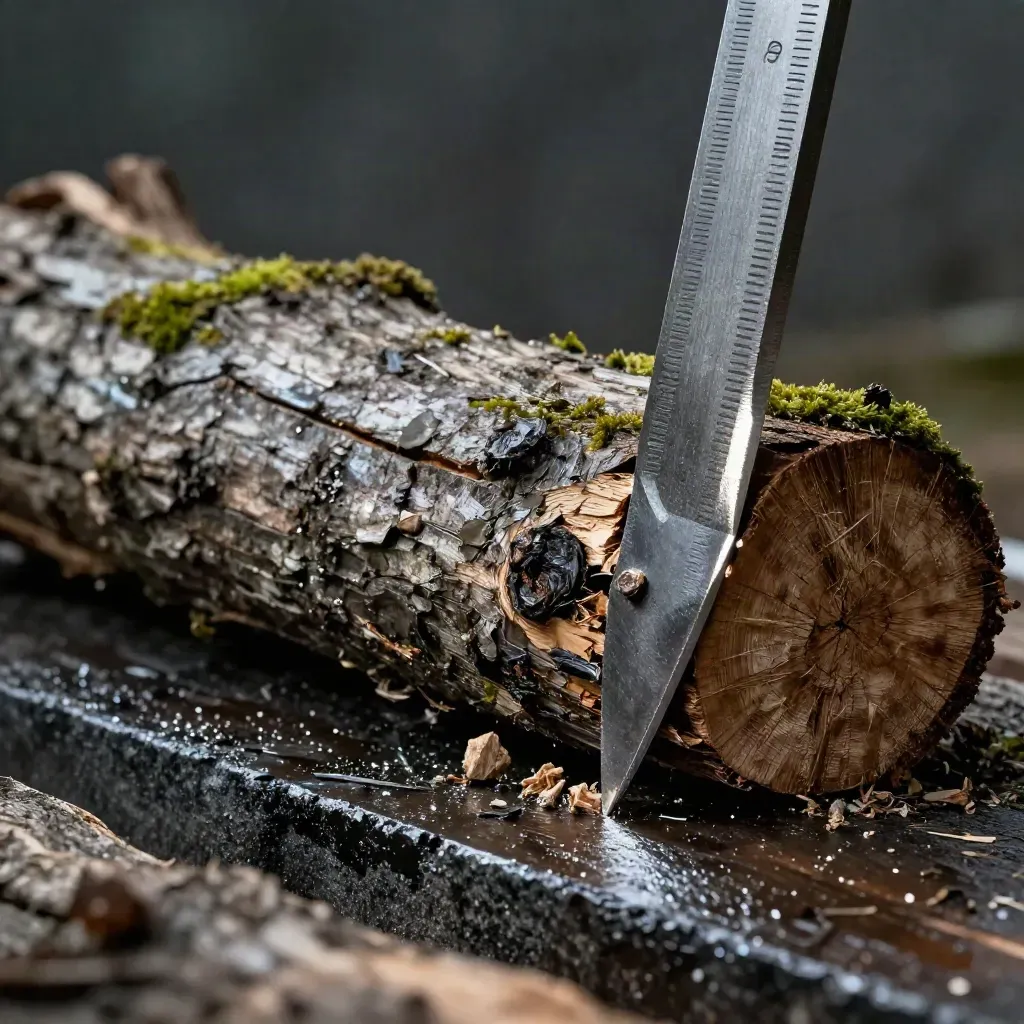 Cale de fendage en acier plantée dans un rondin fendu, sur bois humide et sciure fine.