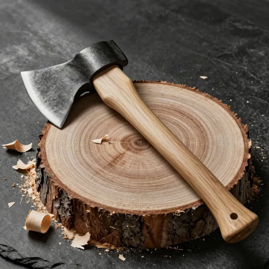 Hache forestière à manche hickory, tête acier sombre, rondin et copeaux sur ardoise.