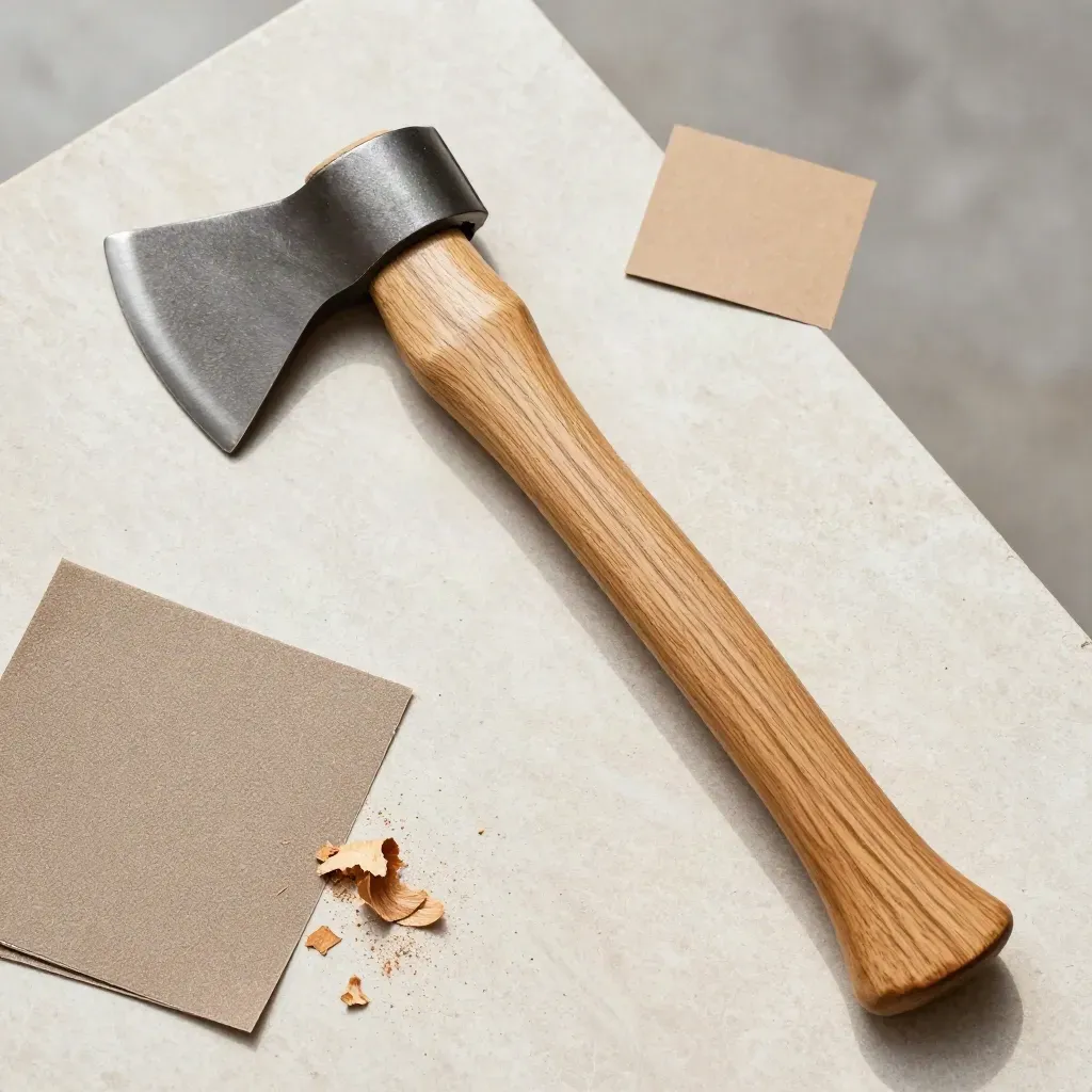 Manche de hache en hickory, cale d’ajustage, papier abrasif et copeaux sur pierre claire.