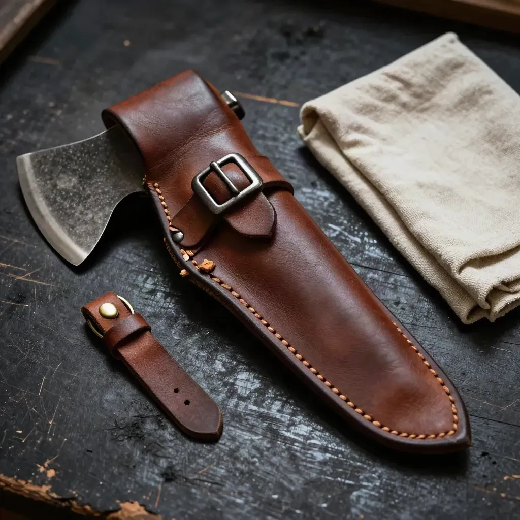 Fourreau en cuir brun à couture épaisse et boucle métal sur bois noirci.