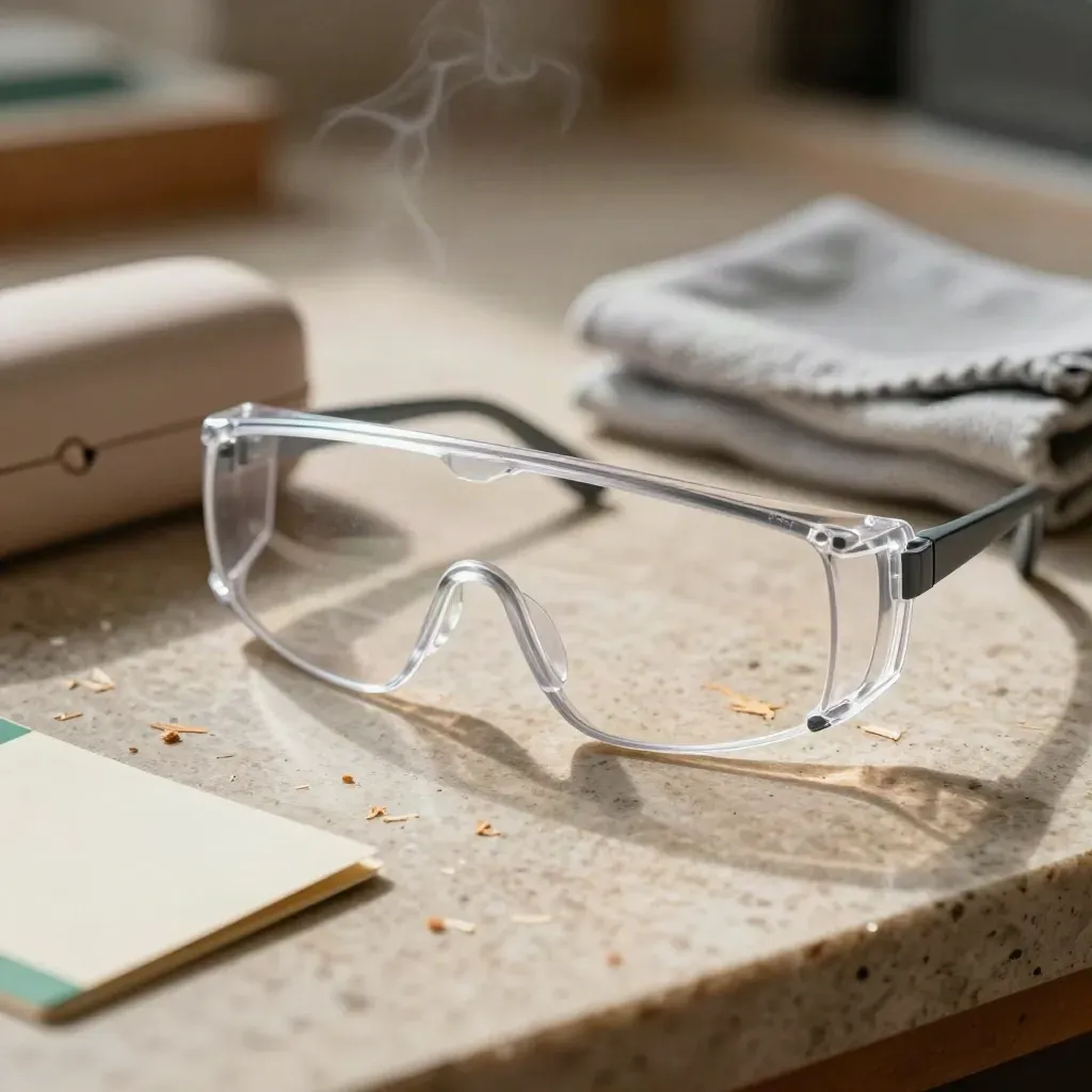 Lunettes de sécurité transparentes avec étui souple et chiffon sur pierre claire.