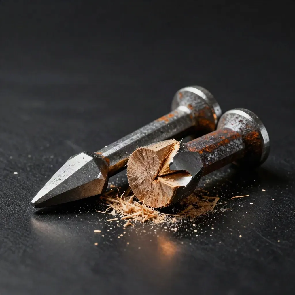 Deux coins d’acier dans une bûche fendue, lumière dramatique sur fond noir.