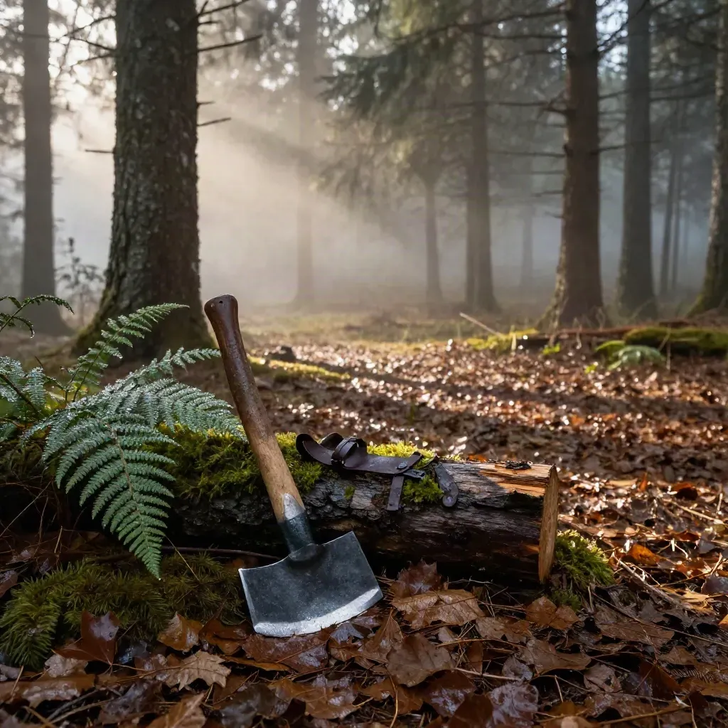 Lisière de sapins à l’aube, feuilles mouillées, mousse et hachette de camping dans la brume.