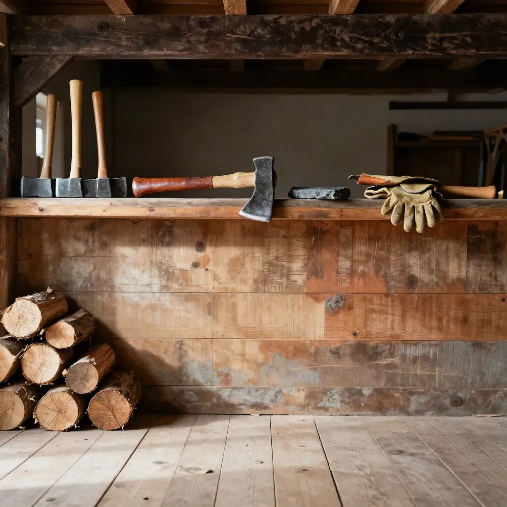 Atelier de bois rustique, poutres sombres, manches de rechange et outils sous lumière latérale.