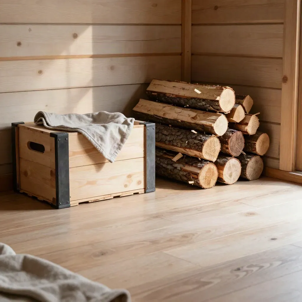 Coin de cabane en bois avec caisse brute, toile pliée et rondins secs, lumière douce.